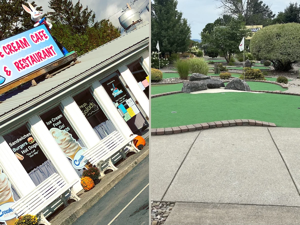 Mini golf area near the restaurant entrance.